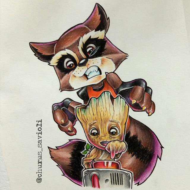 Rocket e Groot, Tattoo, Newschool, Churus Savioli