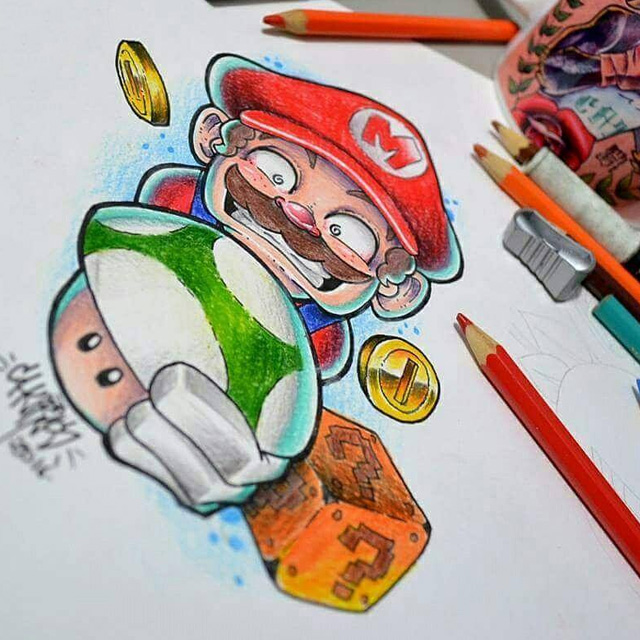 Super Mario, Fanart tattoo, Newschool, Churus Savioli